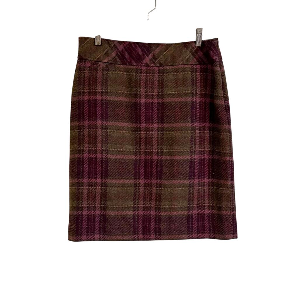 L.L. Bean Wool Plaid Straight Skirt Sz 10 Green Purple Knee Length Academia Fall
